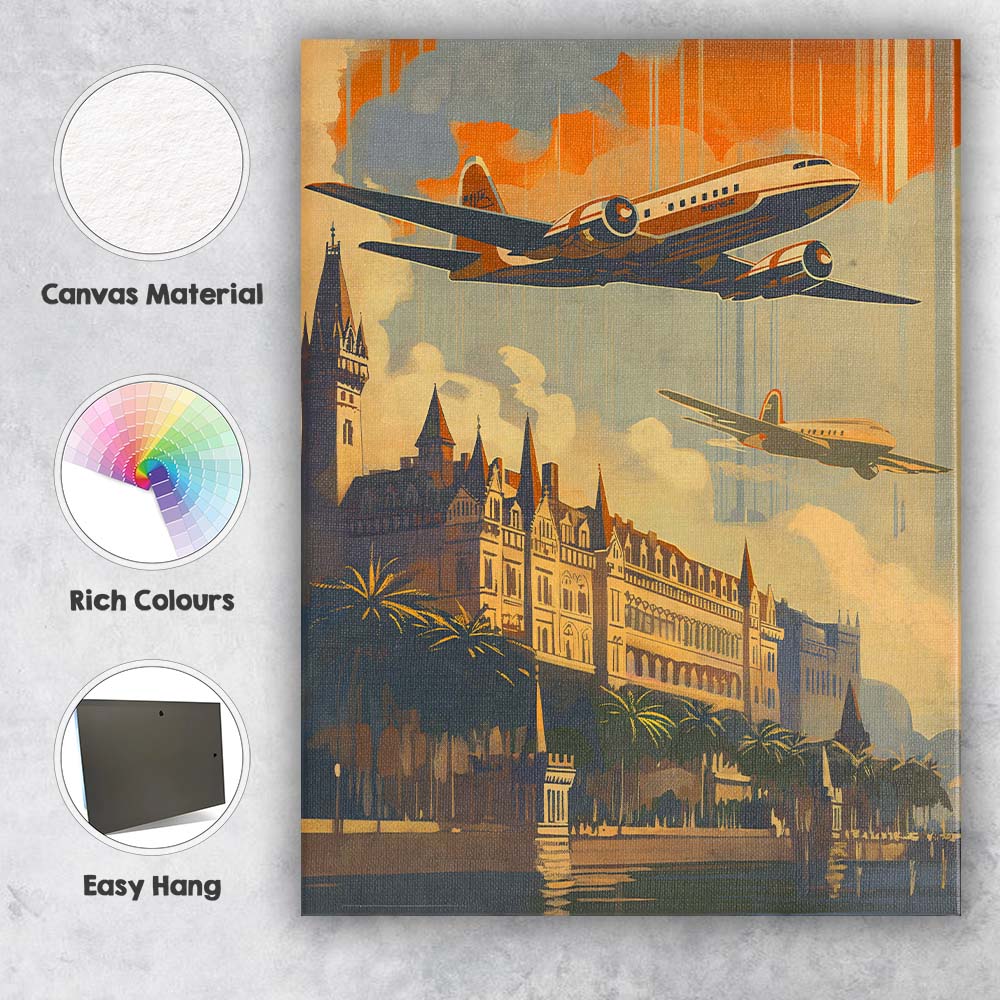 Retro Airplane Over Historic European City Travel Poster Canvas Wall Art Print Decor Picture Ready to Hang