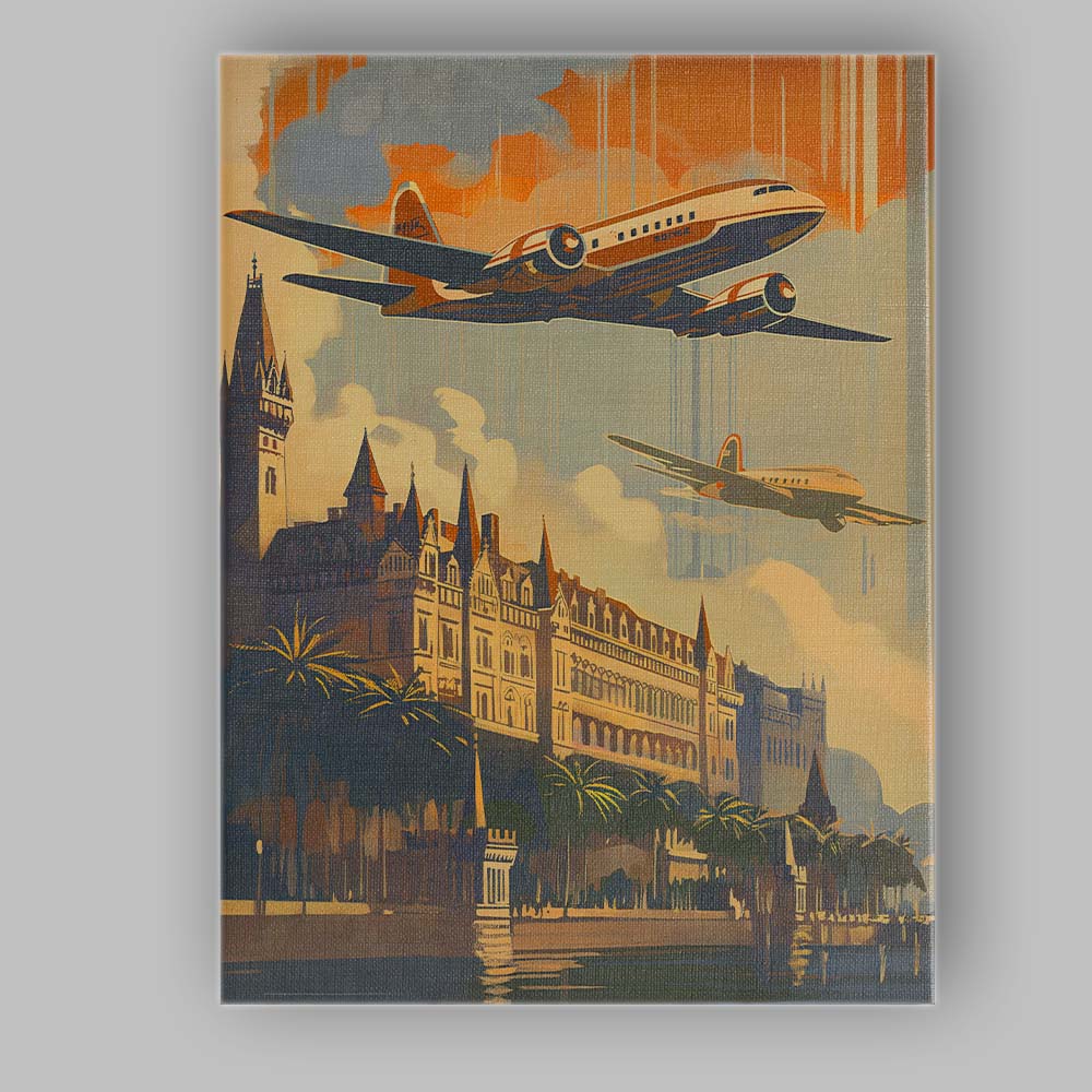 Retro Airplane Over Historic European City Travel Poster Canvas Wall Art Print Decor Picture Ready to Hang