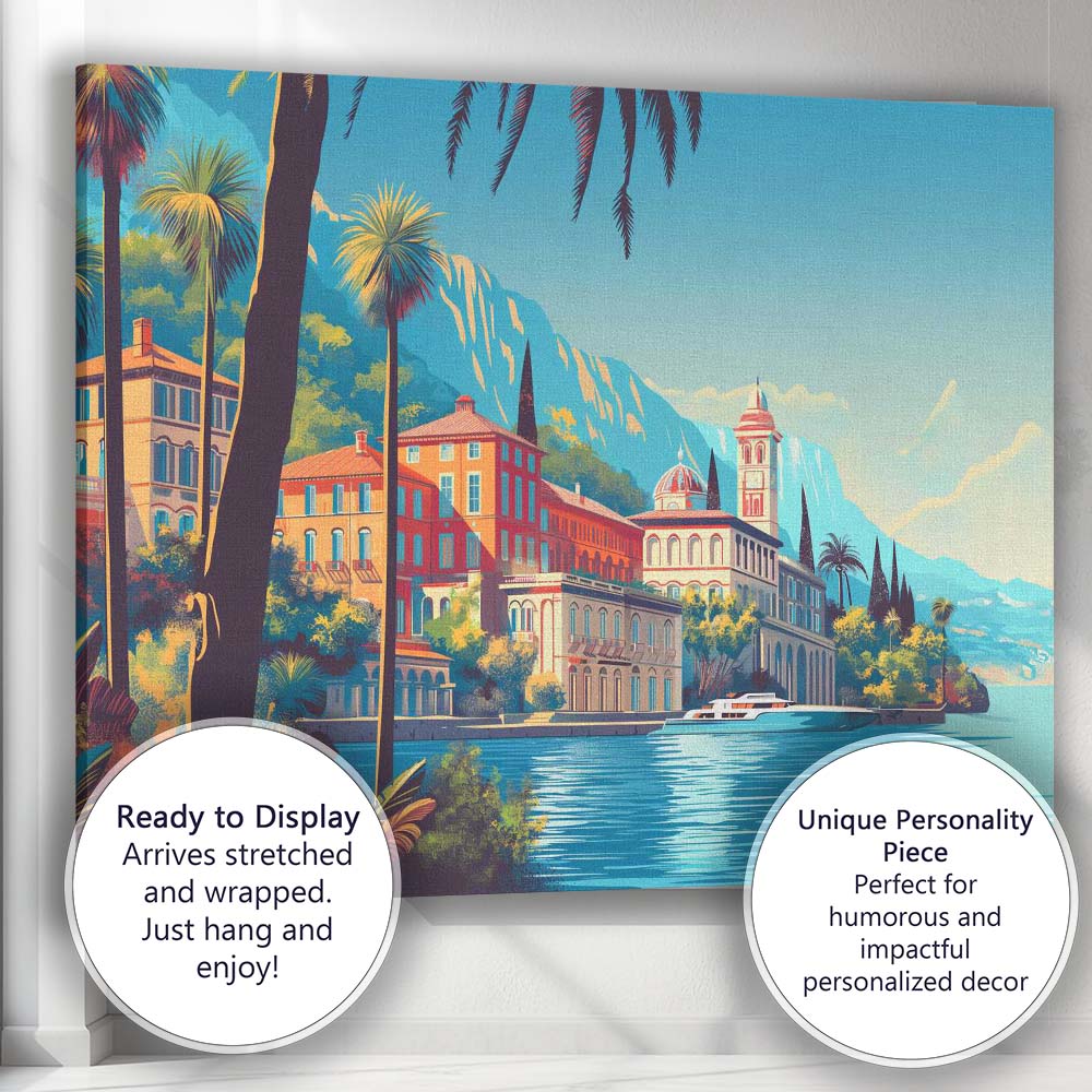 Italian Lakeside Mediterranean Villa Scenic Waterfront Landscape Canvas Wall Art Print Decor Picture Ready to Hang