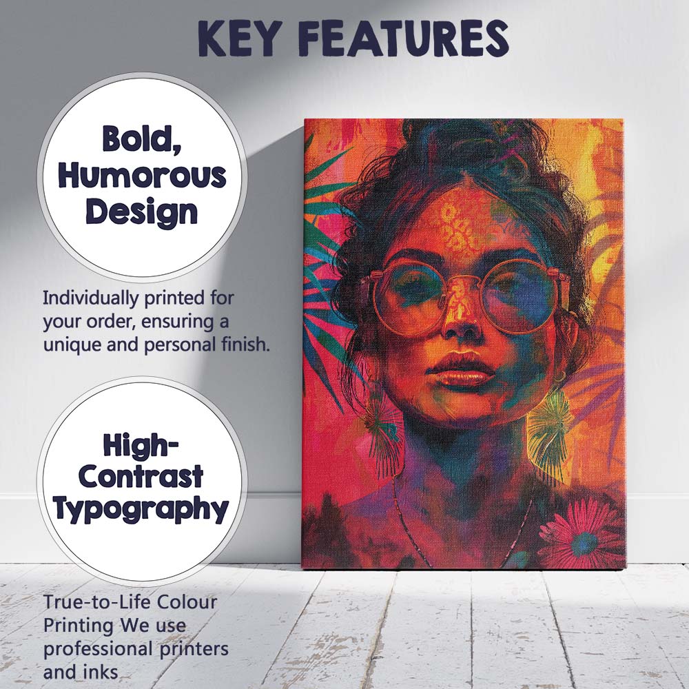Vibrant Colourful Woman Portrait Round Glasses Contemporary Pop Art Canvas Wall Art Print Decor Picture Ready to Hang