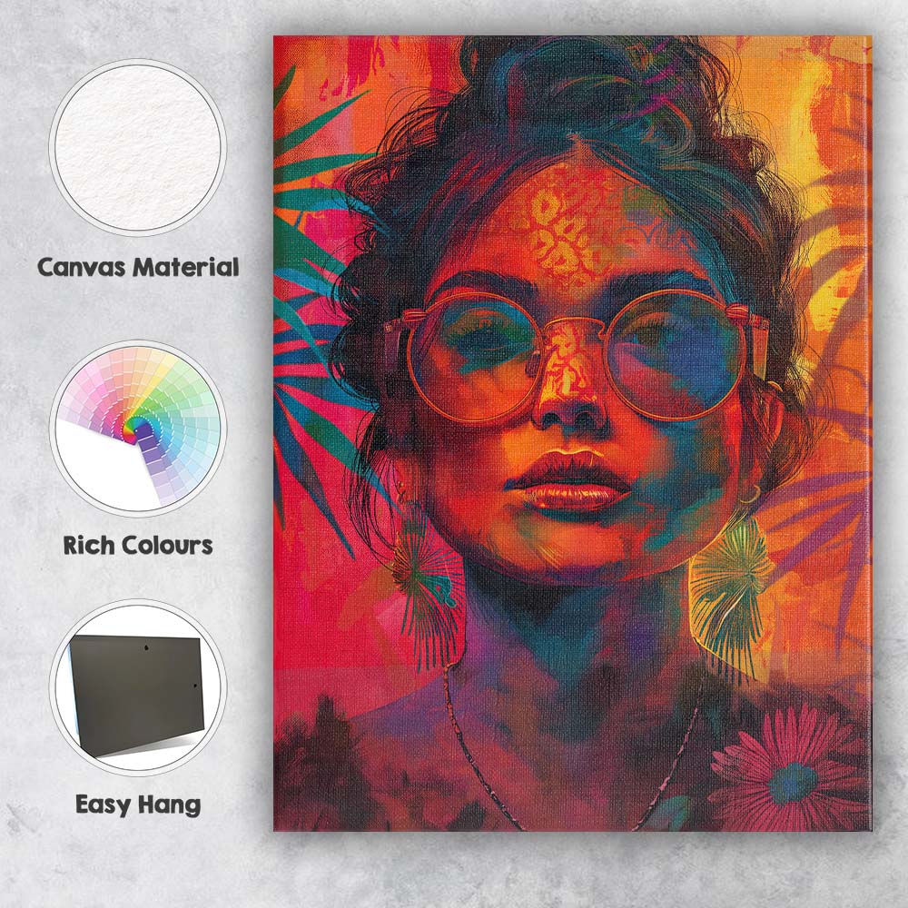 Vibrant Colourful Woman Portrait Round Glasses Contemporary Pop Art Canvas Wall Art Print Decor Picture Ready to Hang
