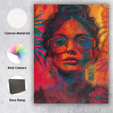 Vibrant Colourful Woman Portrait Round Glasses Contemporary Pop Art Canvas Wall Art Print Decor Picture Ready to Hang
