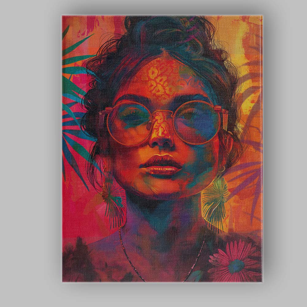 Vibrant Colourful Woman Portrait Round Glasses Contemporary Pop Art Canvas Wall Art Print Decor Picture Ready to Hang