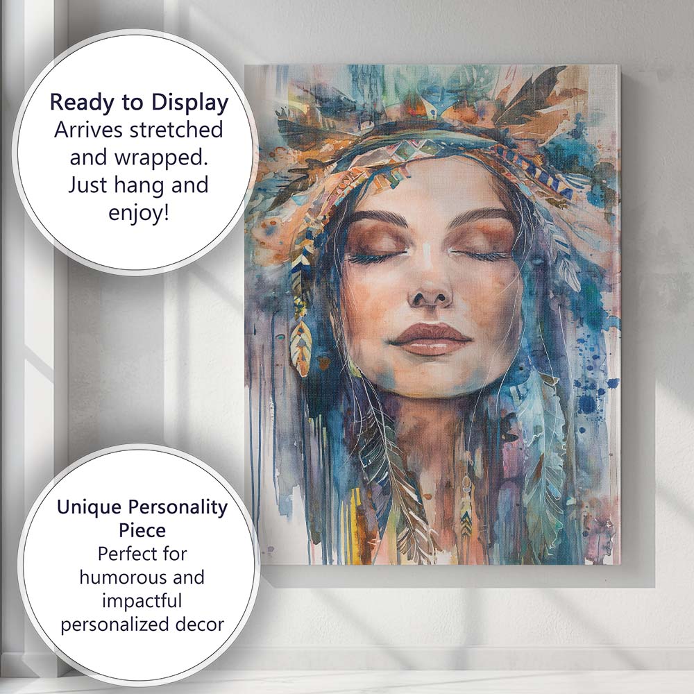 Bohemian Woman Portrait Watercolour Feather Headdress Canvas Wall Art Print Decor Picture Ready to Hang