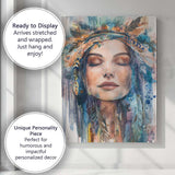 Bohemian Woman Portrait Watercolour Feather Headdress Canvas Wall Art Print Decor Picture Ready to Hang