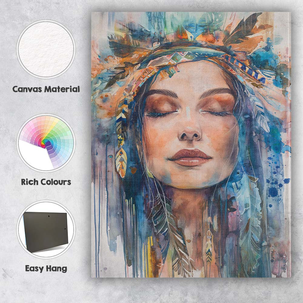 Bohemian Woman Portrait Watercolour Feather Headdress Canvas Wall Art Print Decor Picture Ready to Hang