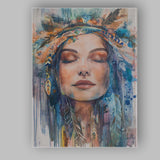 Bohemian Woman Portrait Watercolour Feather Headdress Canvas Wall Art Print Decor Picture Ready to Hang
