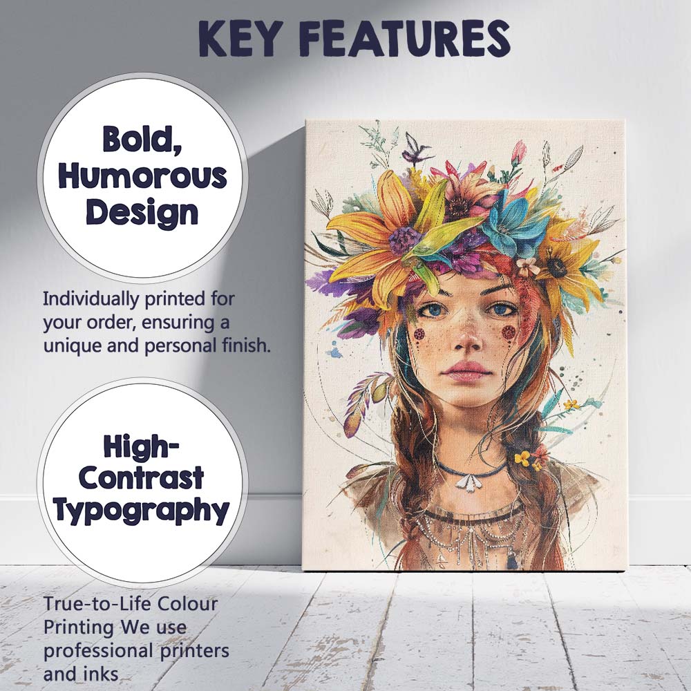 Bohemian Floral Crown Freckled Girl Watercolour Portrait Canvas Wall Art Print Decor Picture Ready to Hang