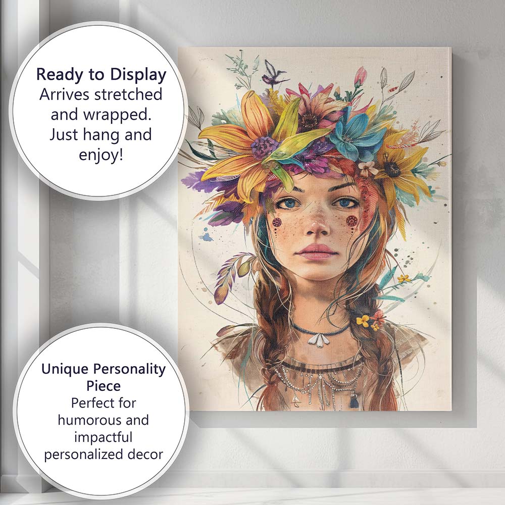 Bohemian Floral Crown Freckled Girl Watercolour Portrait Canvas Wall Art Print Decor Picture Ready to Hang