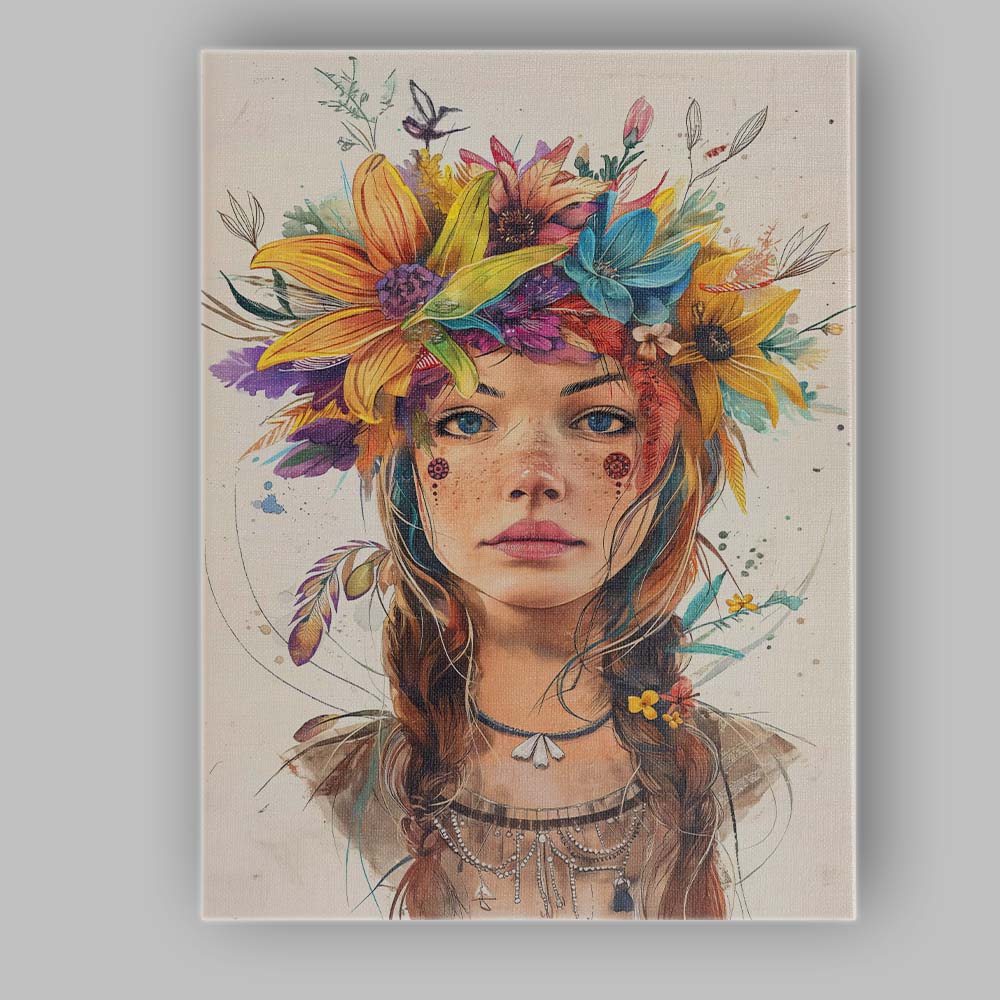 Bohemian Floral Crown Freckled Girl Watercolour Portrait Canvas Wall Art Print Decor Picture Ready to Hang