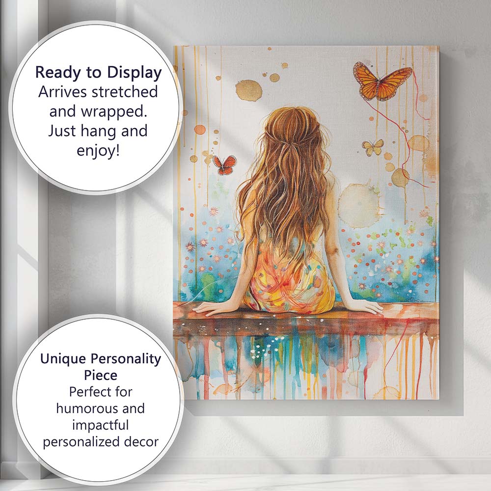 Dreamy Girl Back View Butterflies Watercolour Abstract Canvas Wall Art Print Decor Picture Ready to Hang