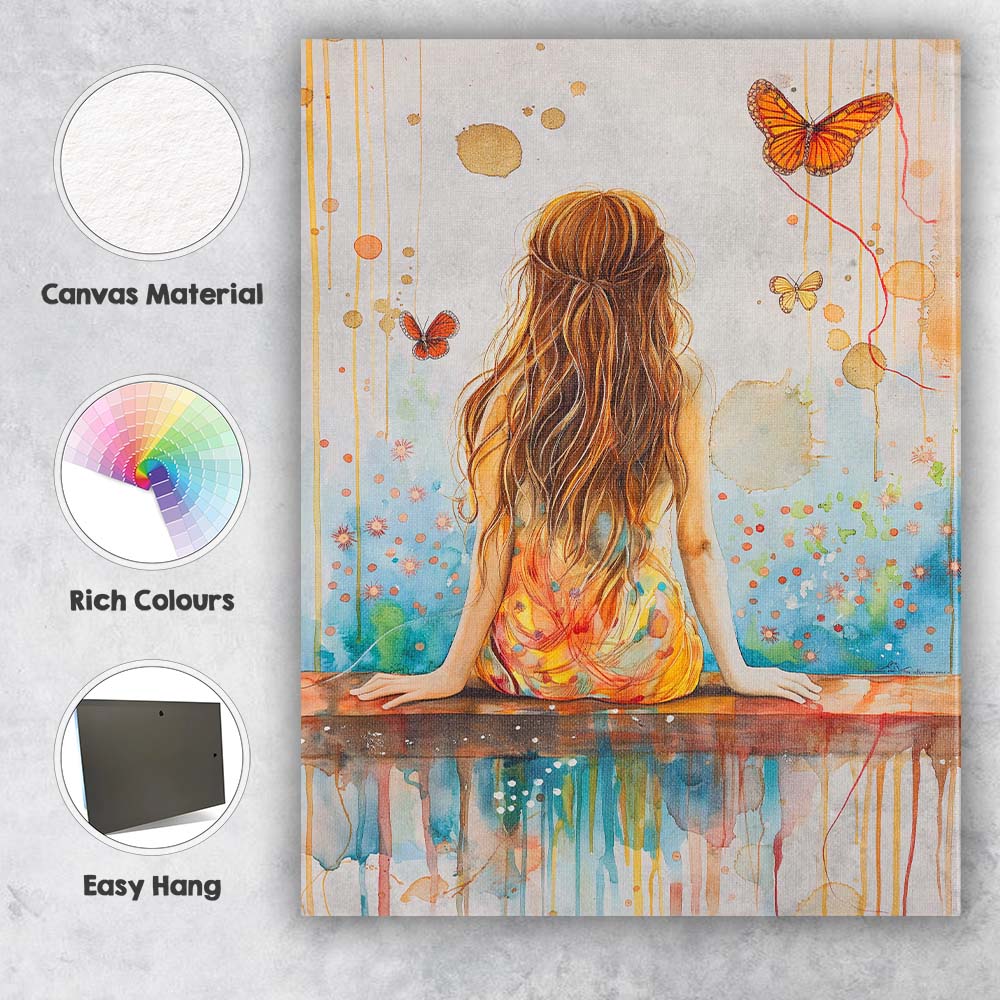 Dreamy Girl Back View Butterflies Watercolour Abstract Canvas Wall Art Print Decor Picture Ready to Hang