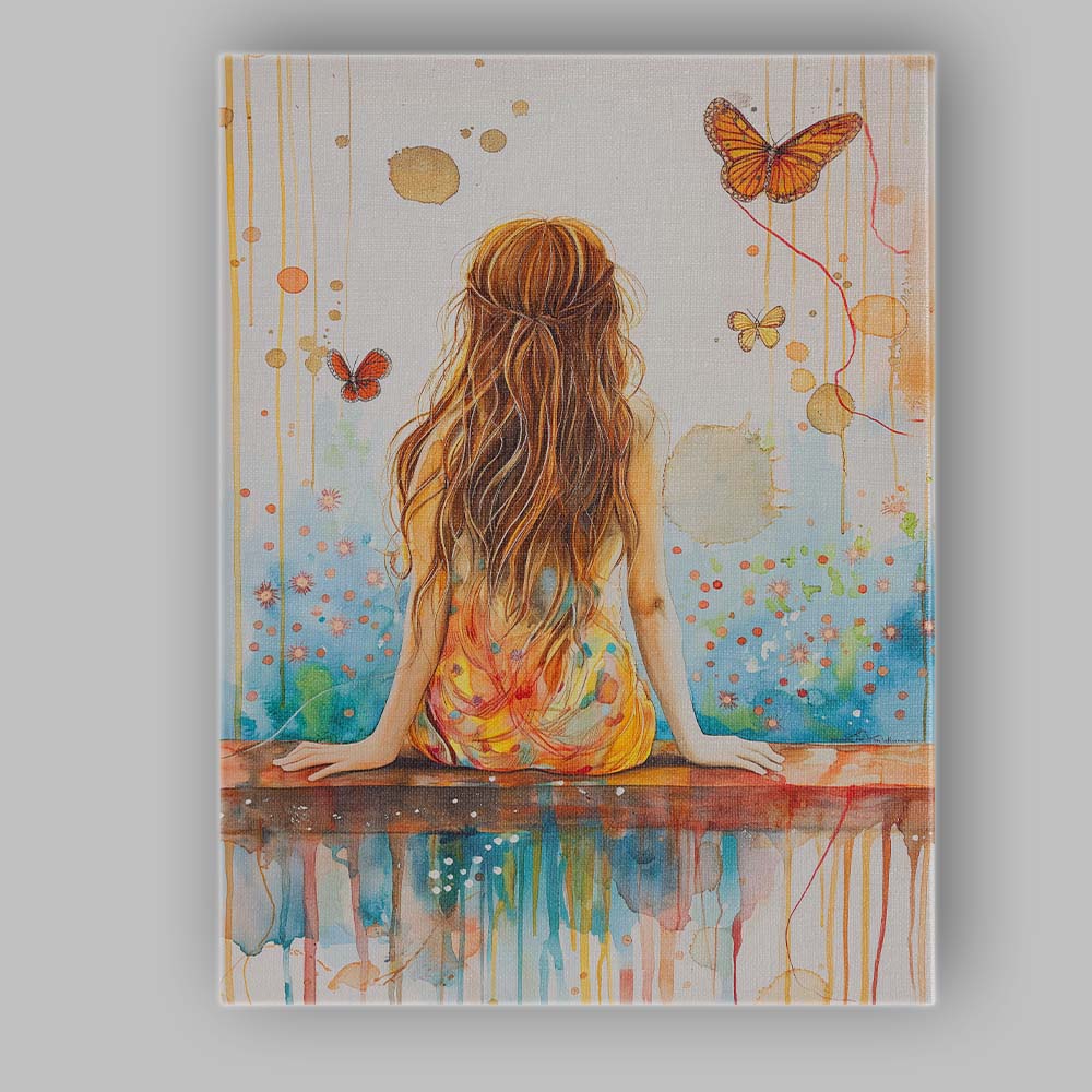 Dreamy Girl Back View Butterflies Watercolour Abstract Canvas Wall Art Print Decor Picture Ready to Hang
