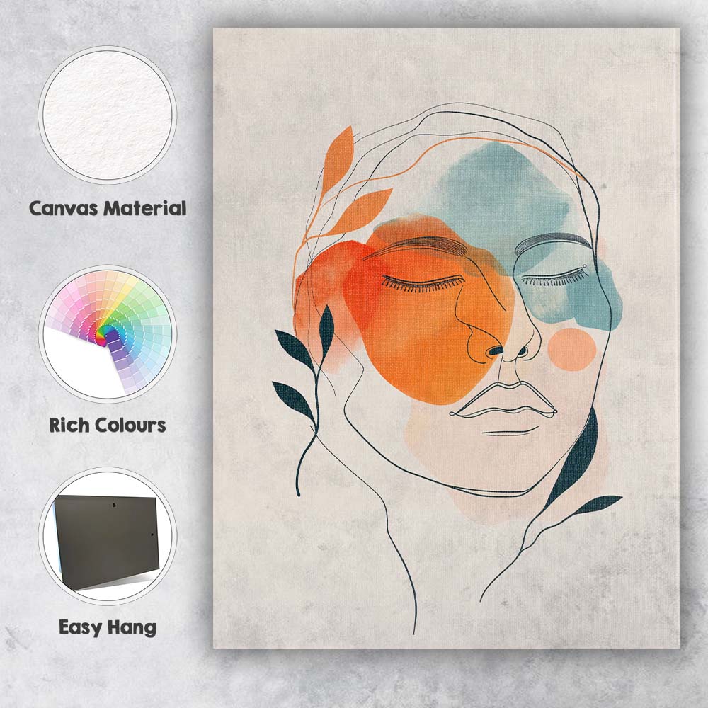 Minimalist Abstract Line Art Woman Face Terracotta Blue Canvas Wall Art Print Decor Picture Ready to Hang