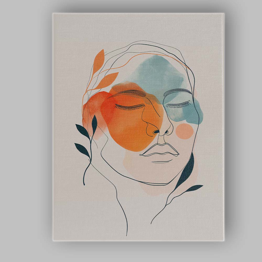 Minimalist Abstract Line Art Woman Face Terracotta Blue Canvas Wall Art Print Decor Picture Ready to Hang