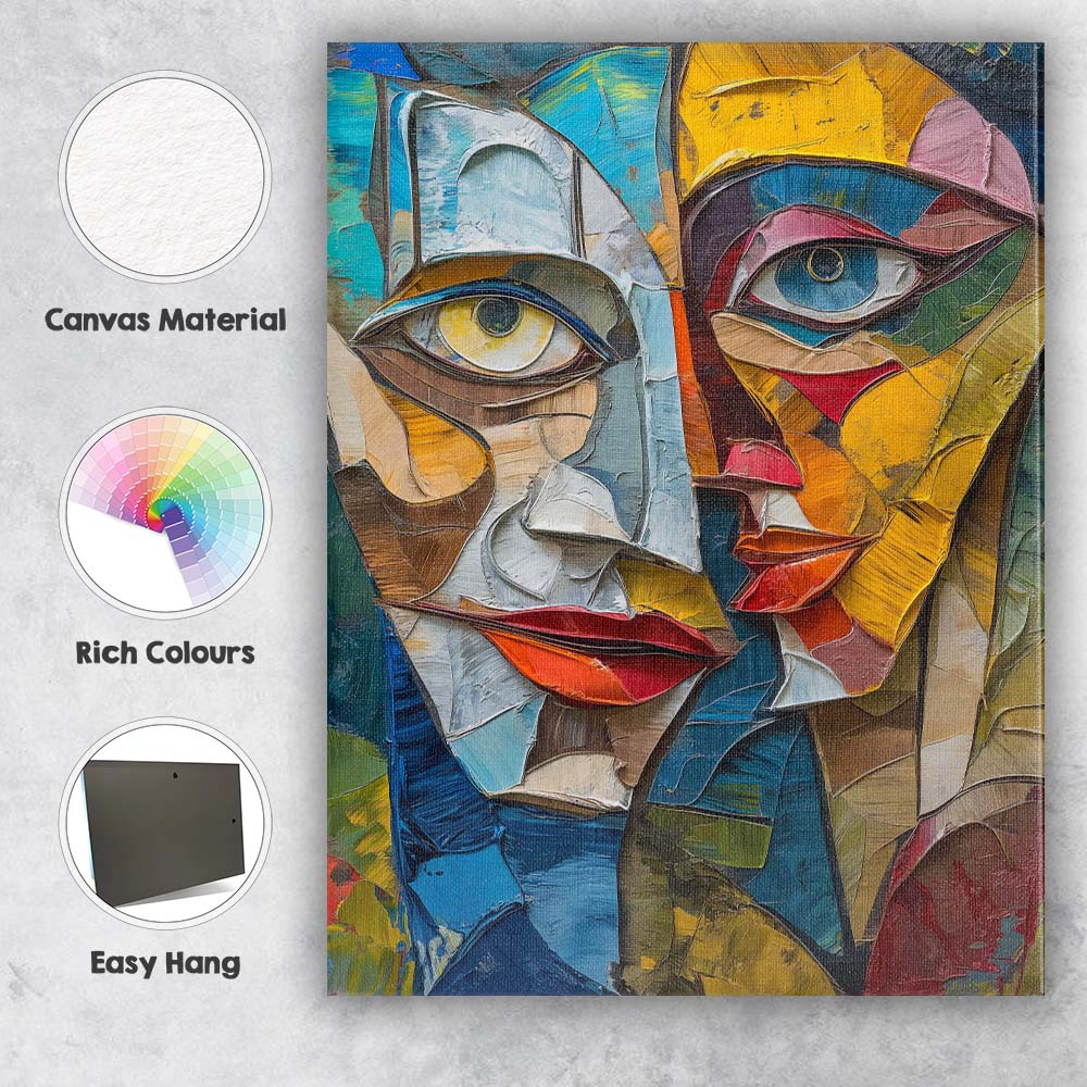 Contemporary Cubist Dual Faces Textured Abstract Portrait Canvas Wall Art Print Decor Picture Ready to Hang