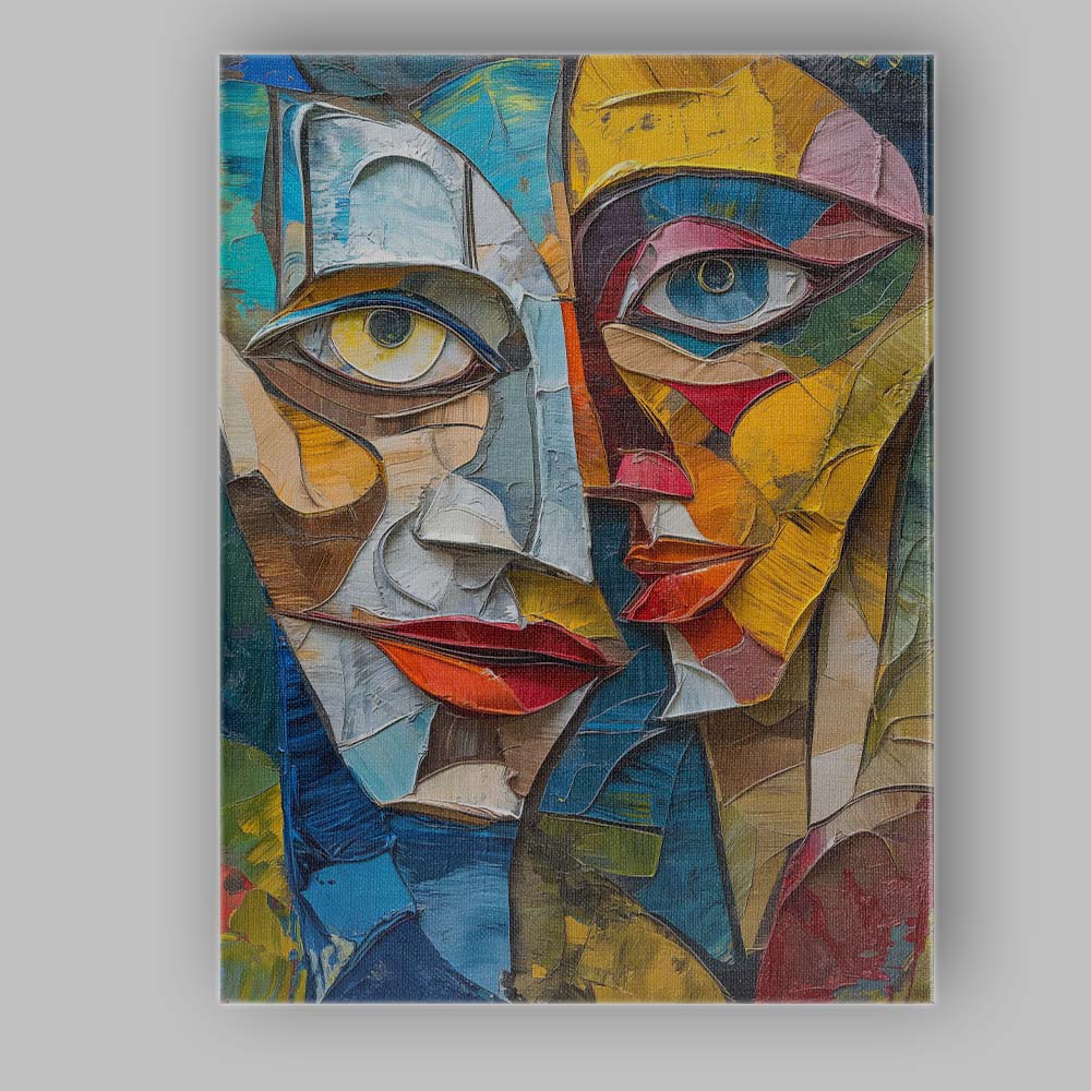 Contemporary Cubist Dual Faces Textured Abstract Portrait Canvas Wall Art Print Decor Picture Ready to Hang