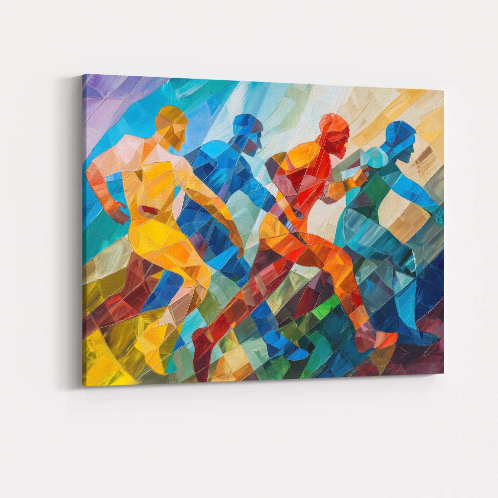 Abstract Cubist Running Athletes Colourful Sports Painting Canvas Wall Art Print Decor Picture Ready to Hang