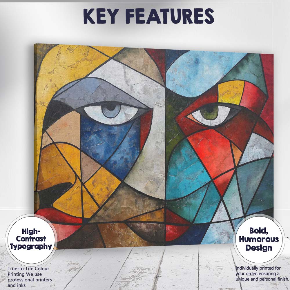 Bold Cubist Dual Face Geometric Abstract Portrait Canvas Wall Art Print Decor Picture Ready to Hang
