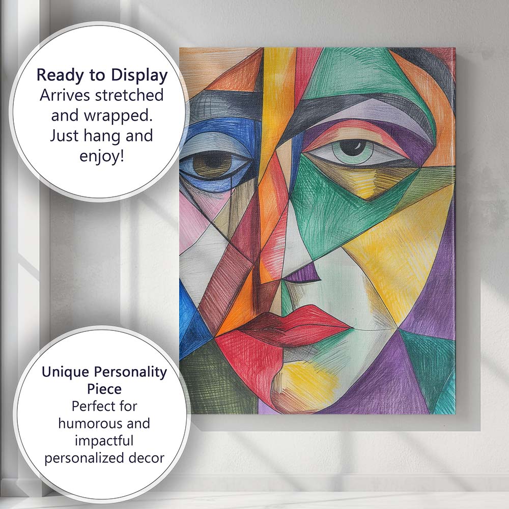 Vibrant Cubist Woman Face Colour Pencil Portrait Canvas Wall Art Print Decor Picture Ready to Hang