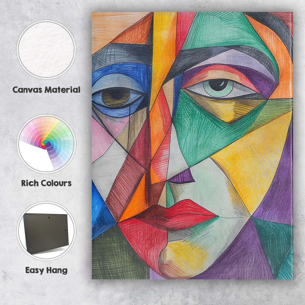 Vibrant Cubist Woman Face Colour Pencil Portrait Canvas Wall Art Print Decor Picture Ready to Hang