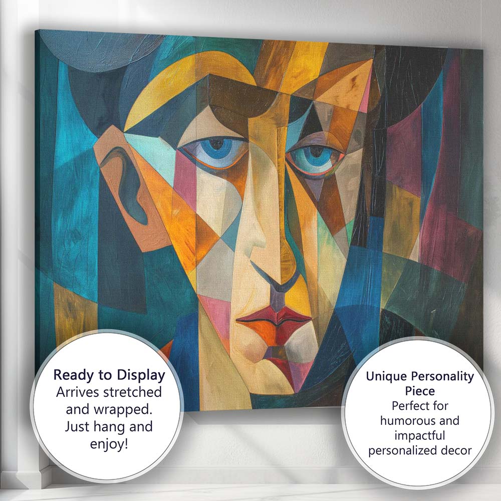 Blue Eyed Cubist Face Modern Geometric Portrait Painting Canvas Wall Art Print Decor Picture Ready to Hang