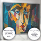 Blue Eyed Cubist Face Modern Geometric Portrait Painting Canvas Wall Art Print Decor Picture Ready to Hang