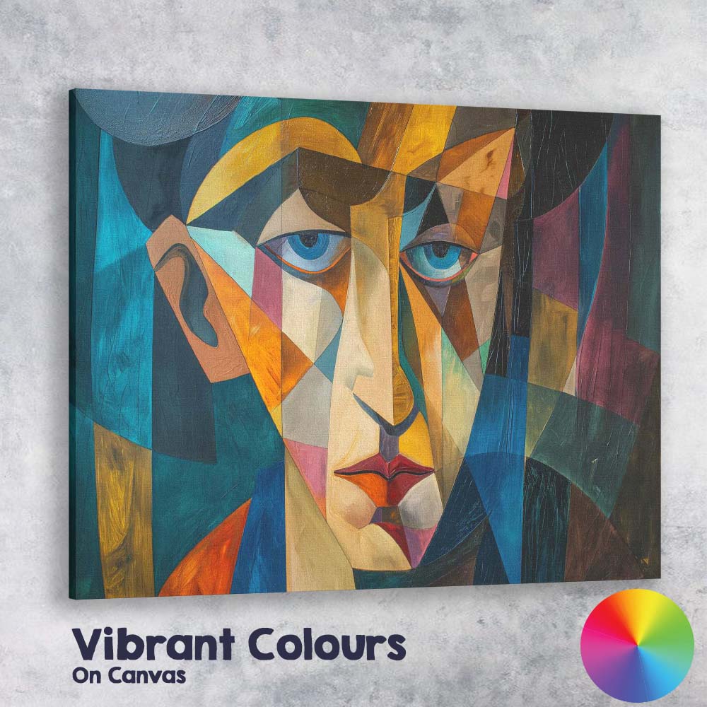 Blue Eyed Cubist Face Modern Geometric Portrait Painting Canvas Wall Art Print Decor Picture Ready to Hang