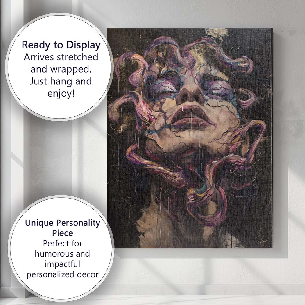 Dark Surreal Cracked Female Portrait Abstract Expressionist Canvas Wall Art Print Decor Picture Ready to Hang