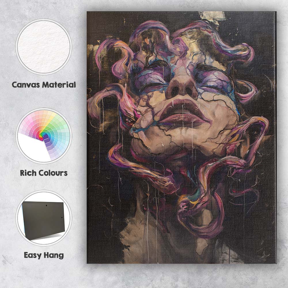 Dark Surreal Cracked Female Portrait Abstract Expressionist Canvas Wall Art Print Decor Picture Ready to Hang