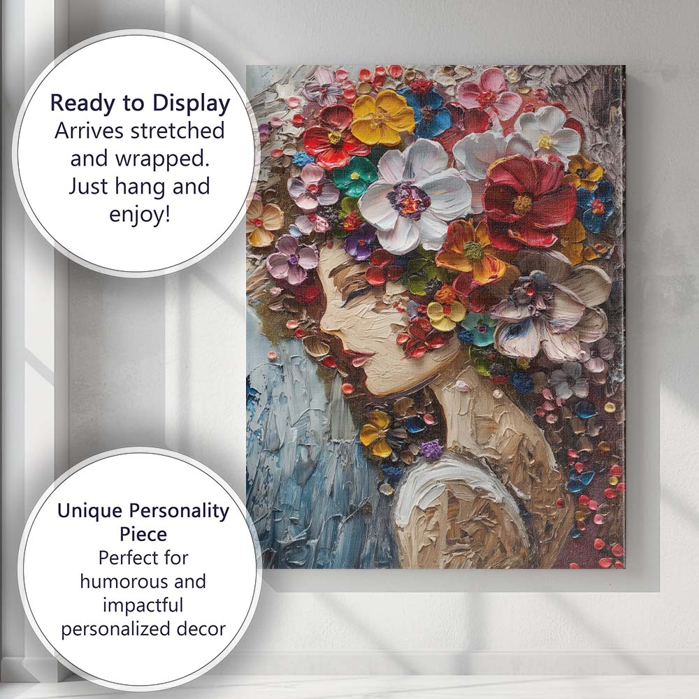 Colourful Floral Woman Portrait Impasto Oil Painting Canvas Wall Art Print Decor Picture Ready to Hang