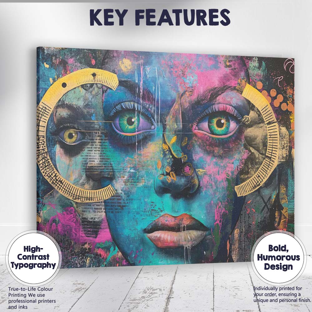 Colourful Urban Graffiti Woman Face Contemporary Abstract Portrait Canvas Wall Art Print Decor Picture Ready to Hang