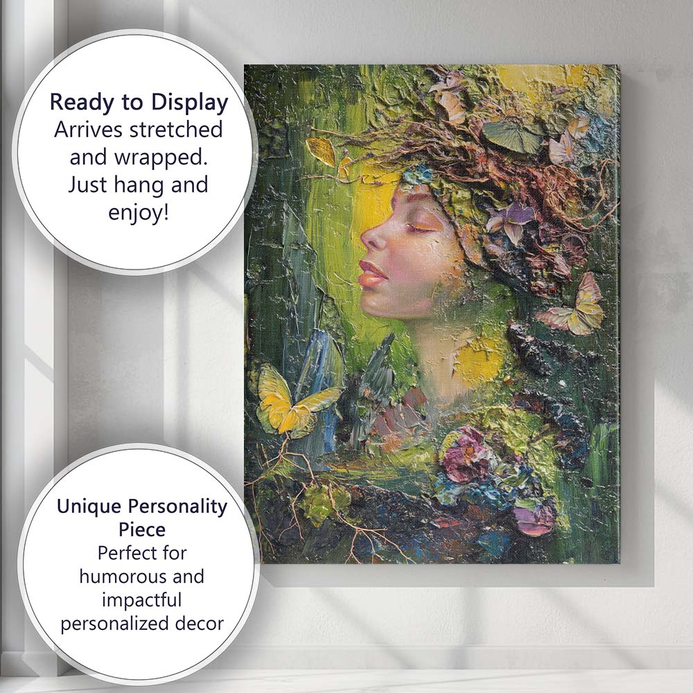 Botanical Nature Goddess Floral Butterfly Impasto Portrait Canvas Wall Art Print Decor Picture Ready to Hang