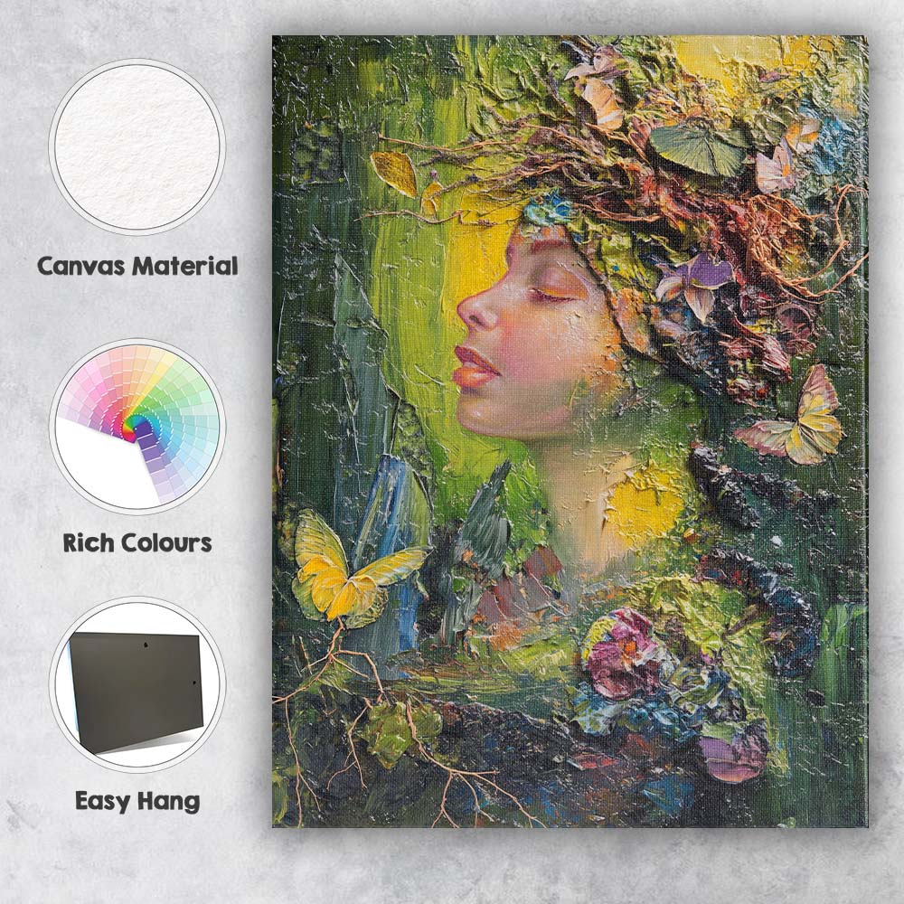 Botanical Nature Goddess Floral Butterfly Impasto Portrait Canvas Wall Art Print Decor Picture Ready to Hang