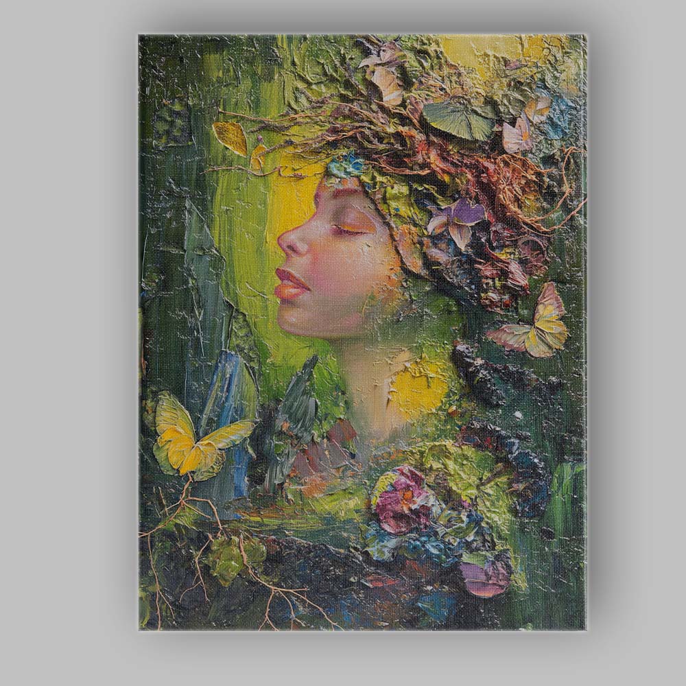 Botanical Nature Goddess Floral Butterfly Impasto Portrait Canvas Wall Art Print Decor Picture Ready to Hang