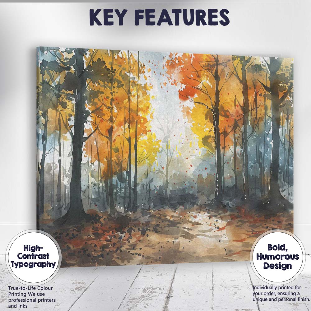 Autumn Woodland Watercolour Forest Path Landscape Canvas Wall Art Print Decor Picture Ready to Hang