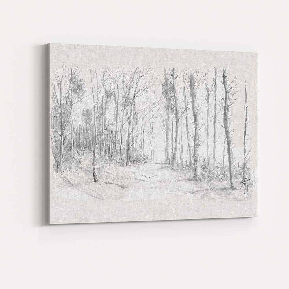 Minimalist Woodland Path Pencil Sketch Landscape Canvas Wall Art Print Decor Picture Ready to Hang