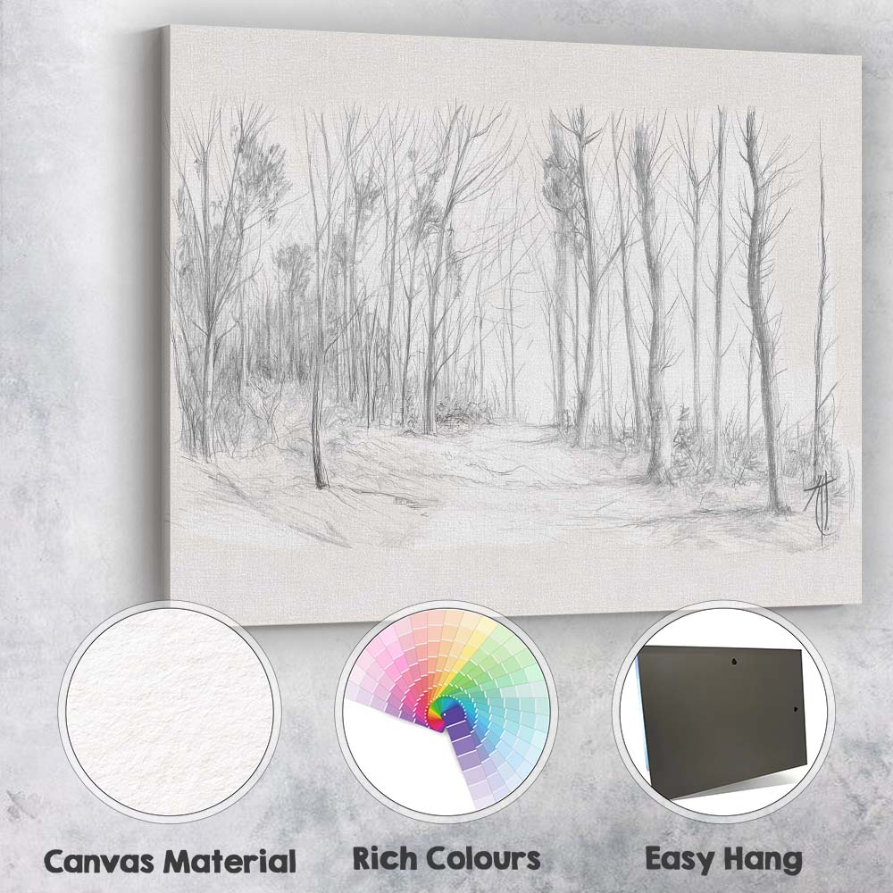 Minimalist Woodland Path Pencil Sketch Landscape Canvas Wall Art Print Decor Picture Ready to Hang