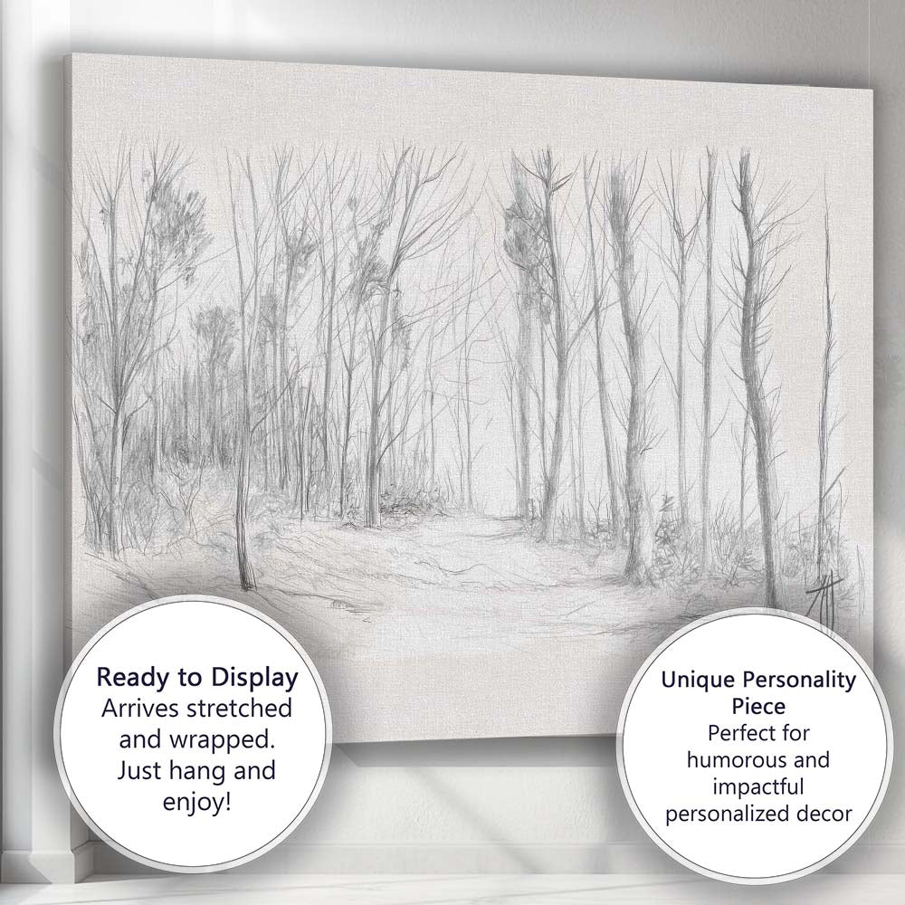 Minimalist Woodland Path Pencil Sketch Landscape Canvas Wall Art Print Decor Picture Ready to Hang