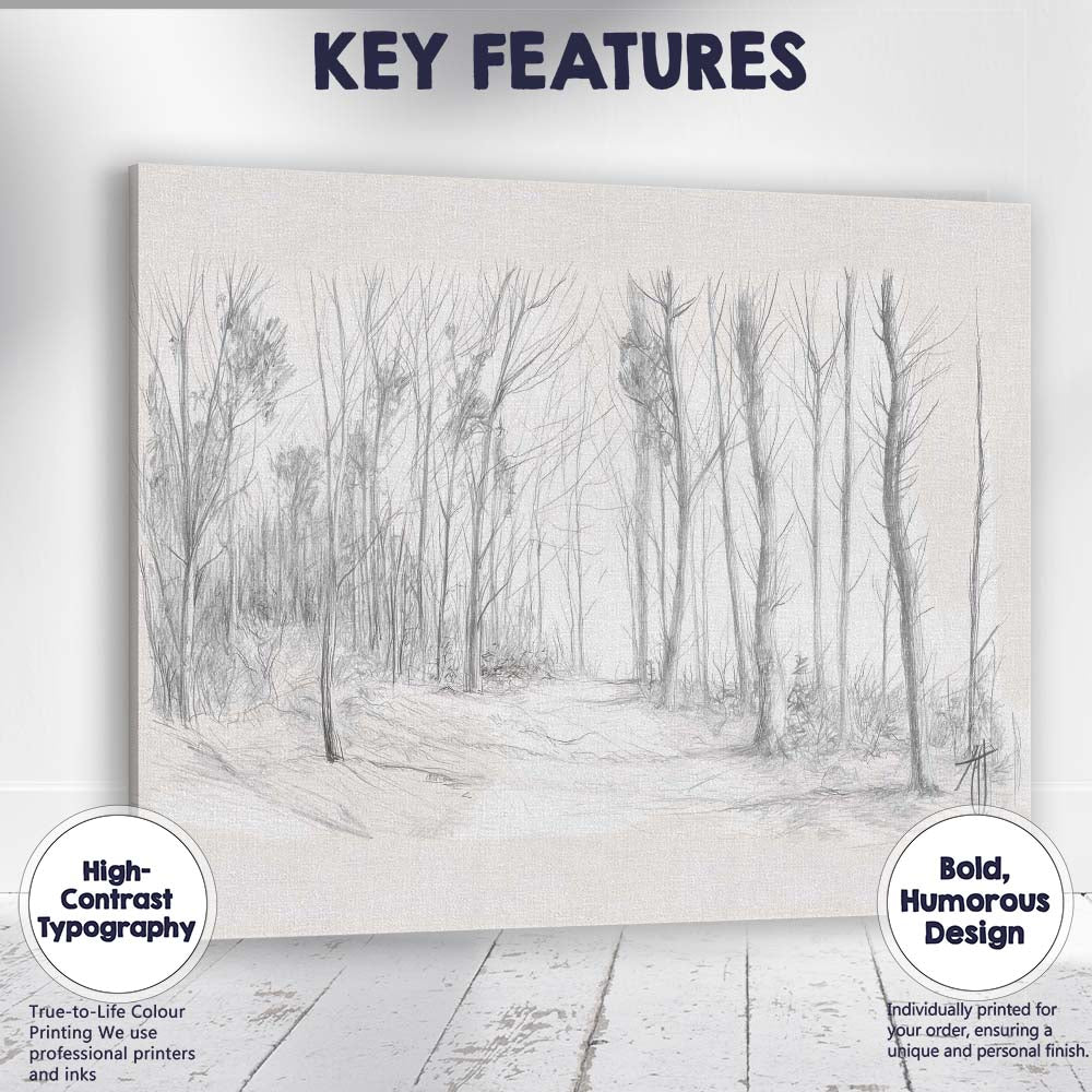 Minimalist Woodland Path Pencil Sketch Landscape Canvas Wall Art Print Decor Picture Ready to Hang