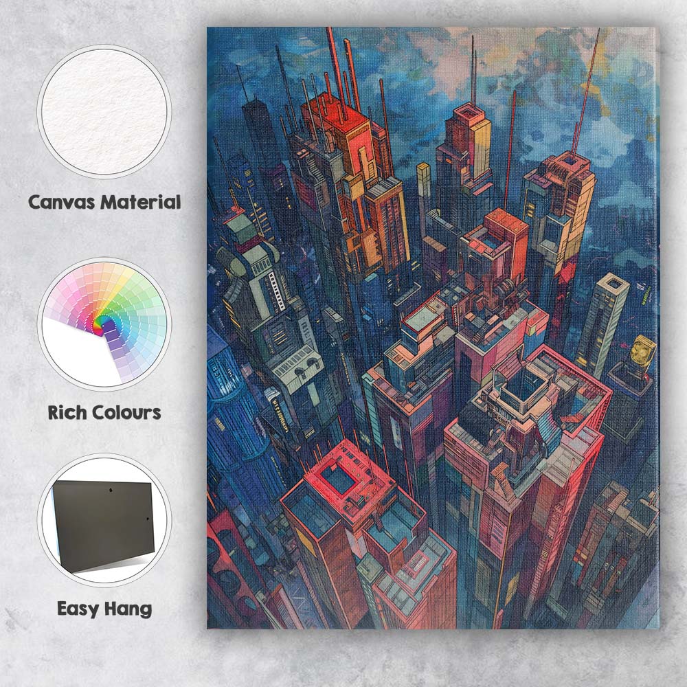 Colourful Futuristic Metropolis Skyline Aerial Cityscape Canvas Wall Art Print Decor Picture Ready to Hang