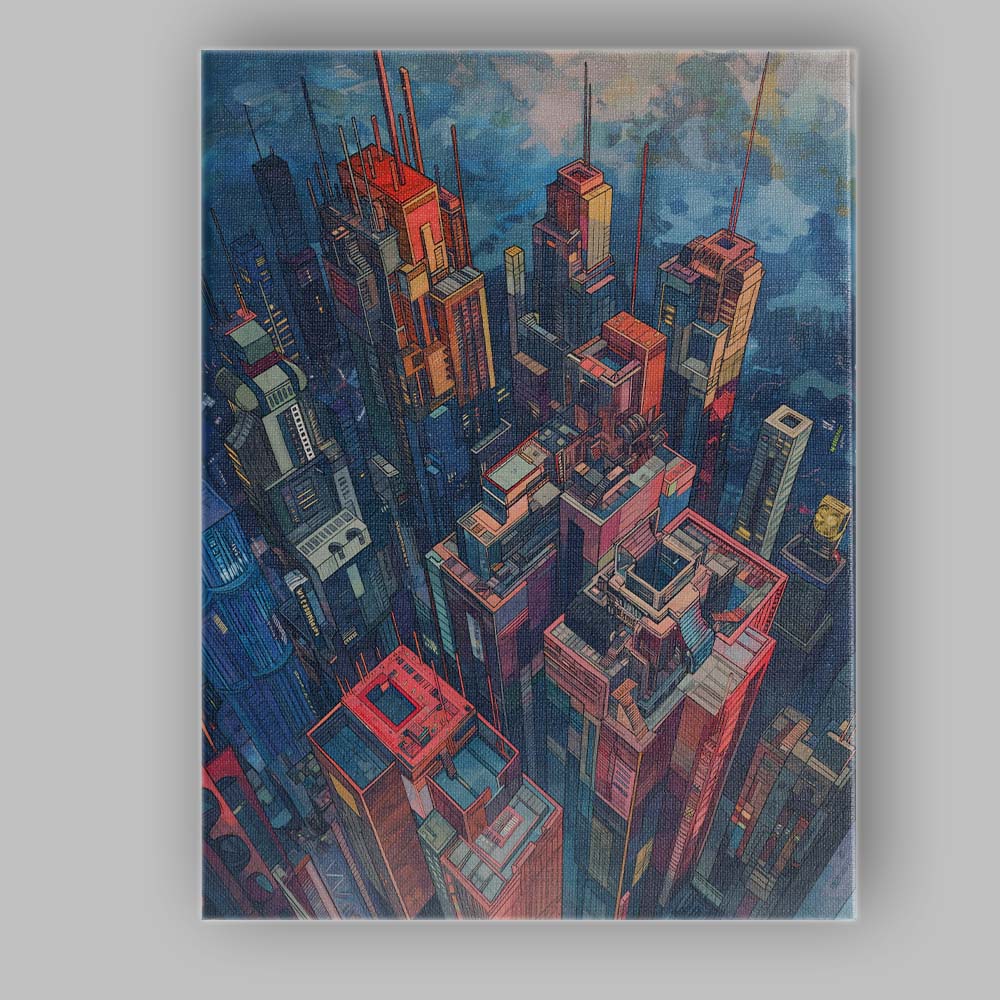 Colourful Futuristic Metropolis Skyline Aerial Cityscape Canvas Wall Art Print Decor Picture Ready to Hang