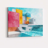 Modern Geometric Luxury House Swimming Pool Architectural Illustration Canvas Wall Art Print Decor Picture Ready to Hang
