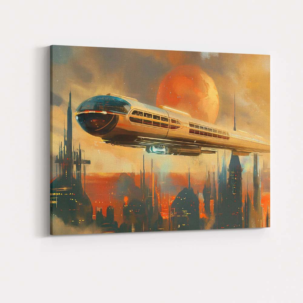 Retro Futuristic Monorail Space City Sunset Canvas Wall Art Print Decor Picture Ready to Hang