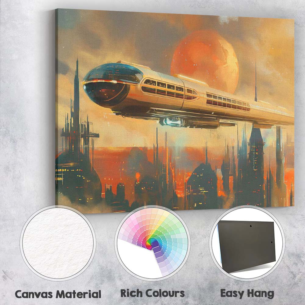Retro Futuristic Monorail Space City Sunset Canvas Wall Art Print Decor Picture Ready to Hang