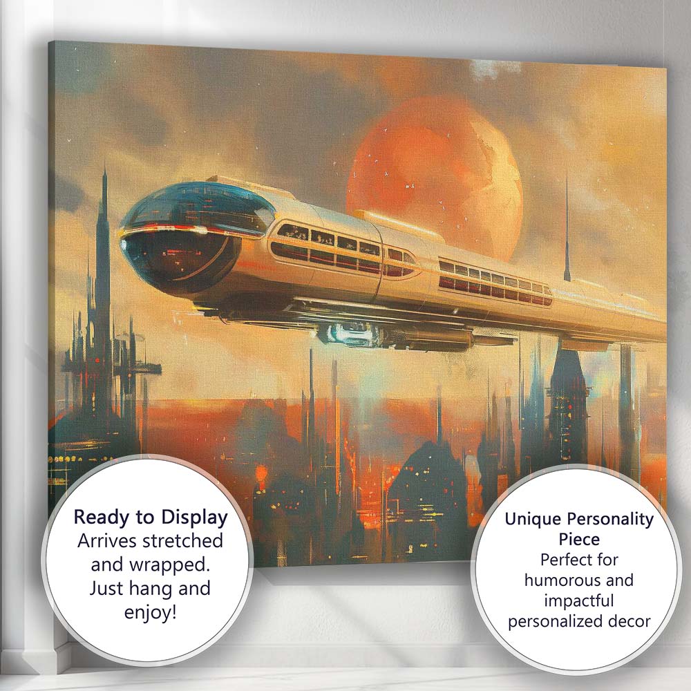 Retro Futuristic Monorail Space City Sunset Canvas Wall Art Print Decor Picture Ready to Hang