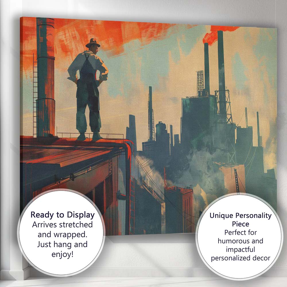 Industrial Factory Skyline Worker Silhouette Concept Art Canvas Wall Art Print Decor Picture Ready to Hang
