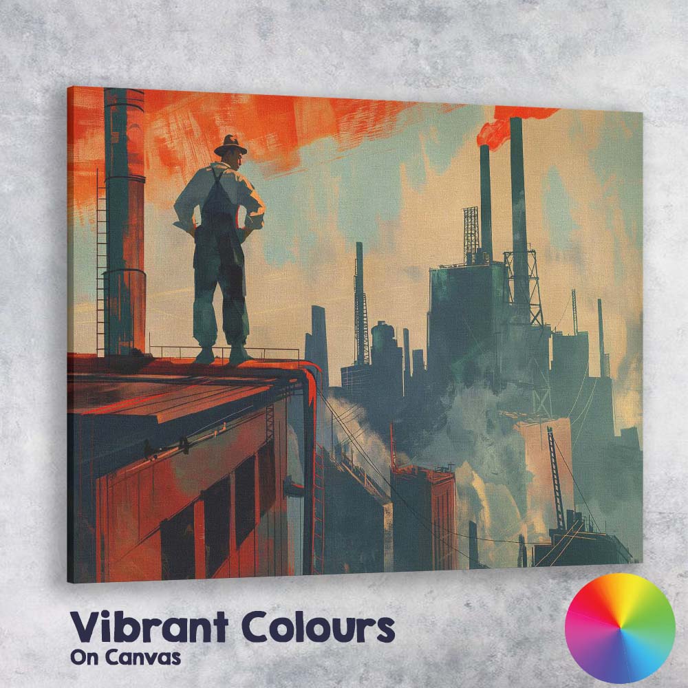 Industrial Factory Skyline Worker Silhouette Concept Art Canvas Wall Art Print Decor Picture Ready to Hang