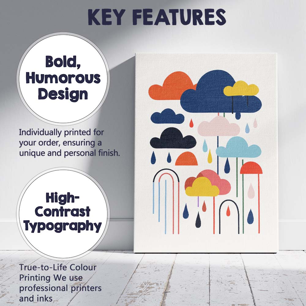 Scandinavian Minimalist Colourful Rain Clouds Graphic Illustration Canvas Wall Art Print Decor Picture Ready to Hang