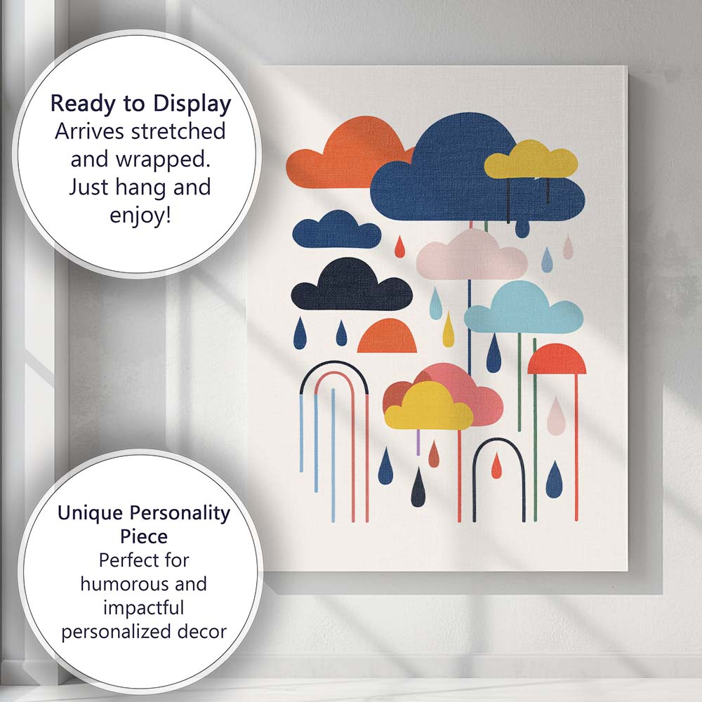 Scandinavian Minimalist Colourful Rain Clouds Graphic Illustration Canvas Wall Art Print Decor Picture Ready to Hang